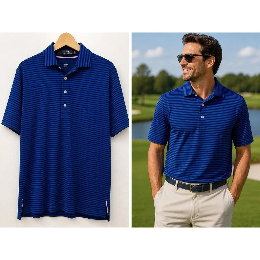 Ralph Lauren RLX Polo Shirt Mens Large Blue Striped Golf Performance Wicking